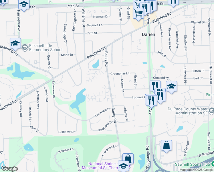 map of restaurants, bars, coffee shops, grocery stores, and more near 1418 Westminster Court in Darien