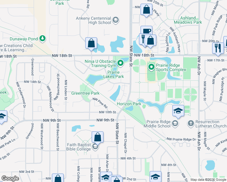 map of restaurants, bars, coffee shops, grocery stores, and more near 1311 Northwest Shoreline Court in Ankeny