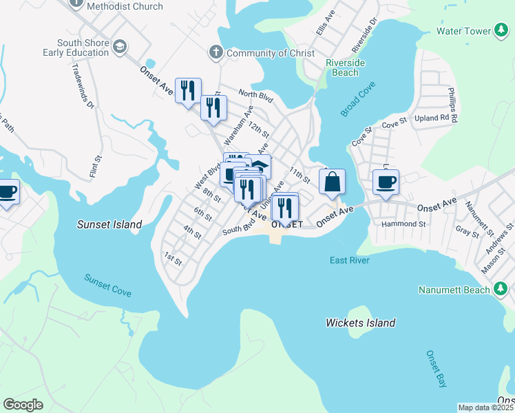 map of restaurants, bars, coffee shops, grocery stores, and more near in Wareham