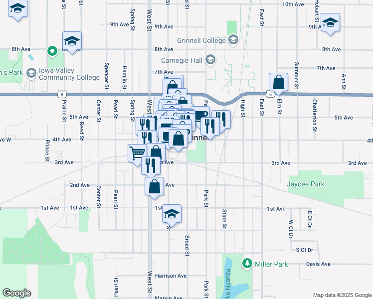 map of restaurants, bars, coffee shops, grocery stores, and more near 856 Broad Street in Grinnell