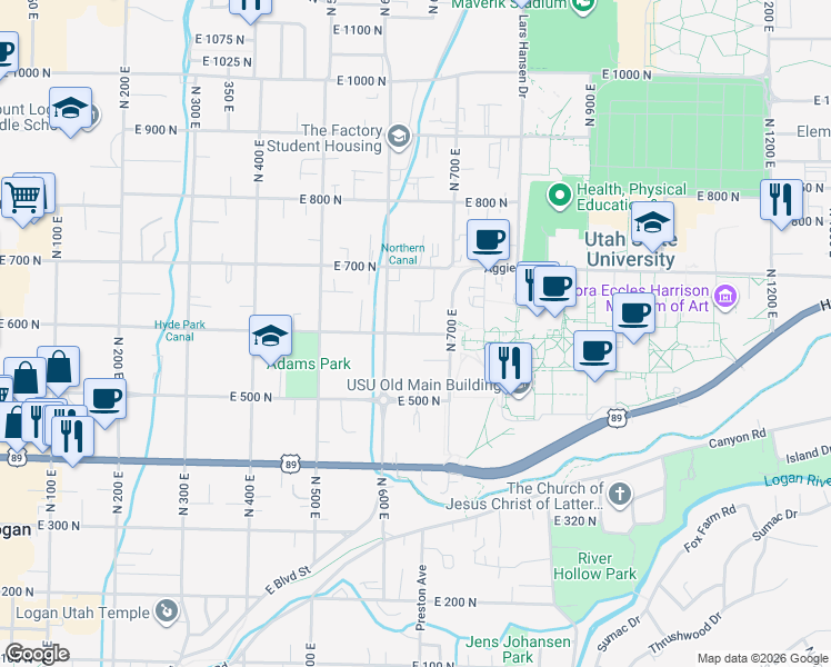 map of restaurants, bars, coffee shops, grocery stores, and more near 563 1/2 North 700 East in Logan