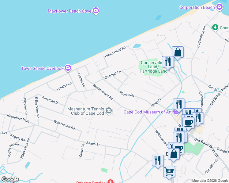 map of restaurants, bars, coffee shops, grocery stores, and more near 162 Nobscussett Road in Dennis