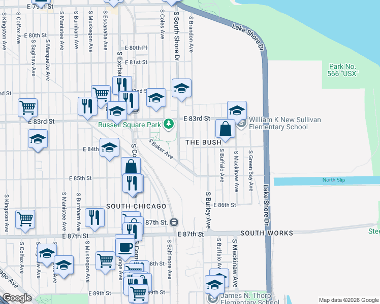map of restaurants, bars, coffee shops, grocery stores, and more near 8406 South Brandon Avenue in Chicago