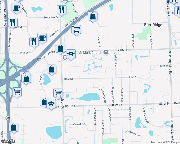 map of restaurants, bars, coffee shops, grocery stores, and more near in Willowbrook