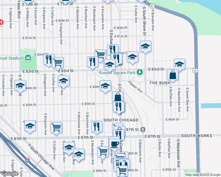 map of restaurants, bars, coffee shops, grocery stores, and more near 8425 South Escanaba Avenue in Chicago