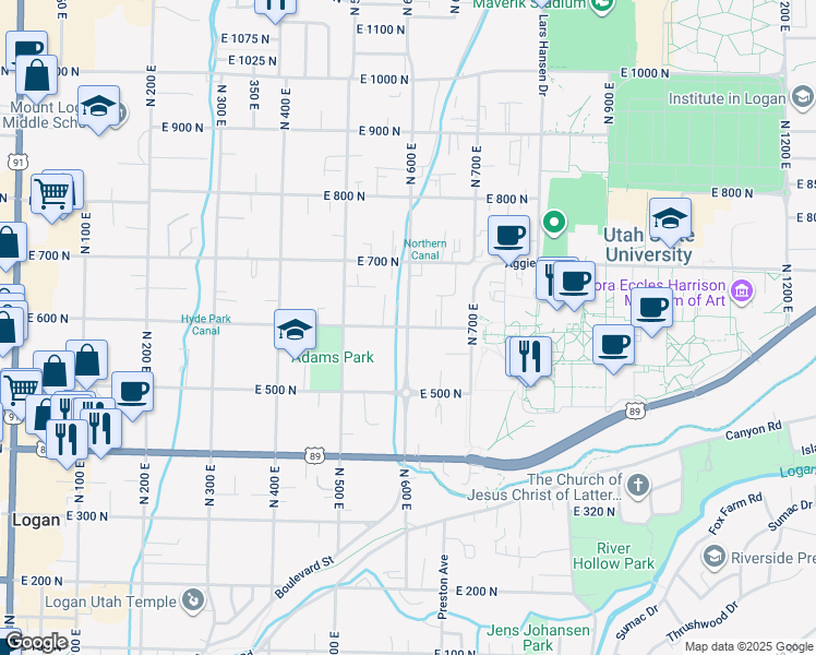 map of restaurants, bars, coffee shops, grocery stores, and more near 598 East 600 North in Logan