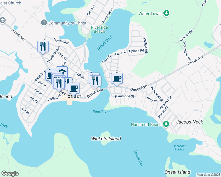 map of restaurants, bars, coffee shops, grocery stores, and more near 2 South Water Street in Wareham
