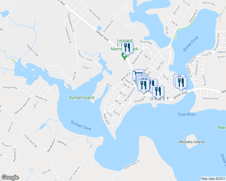 map of restaurants, bars, coffee shops, grocery stores, and more near 36 West Boulevard in Wareham