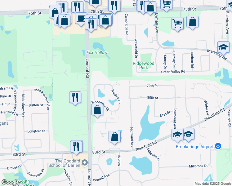 map of restaurants, bars, coffee shops, grocery stores, and more near 7927 Windsor Drive in Darien