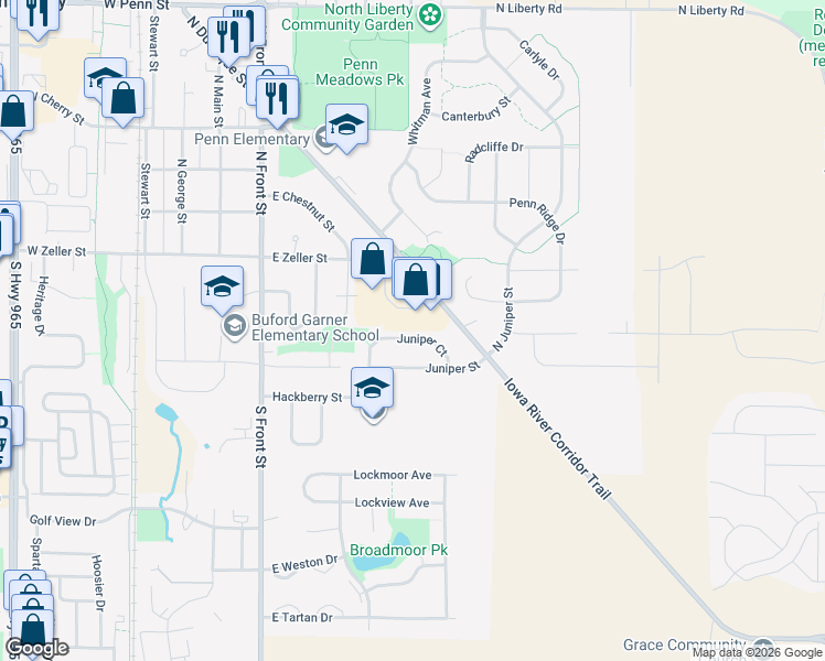 map of restaurants, bars, coffee shops, grocery stores, and more near 50 Juniper Court in North Liberty
