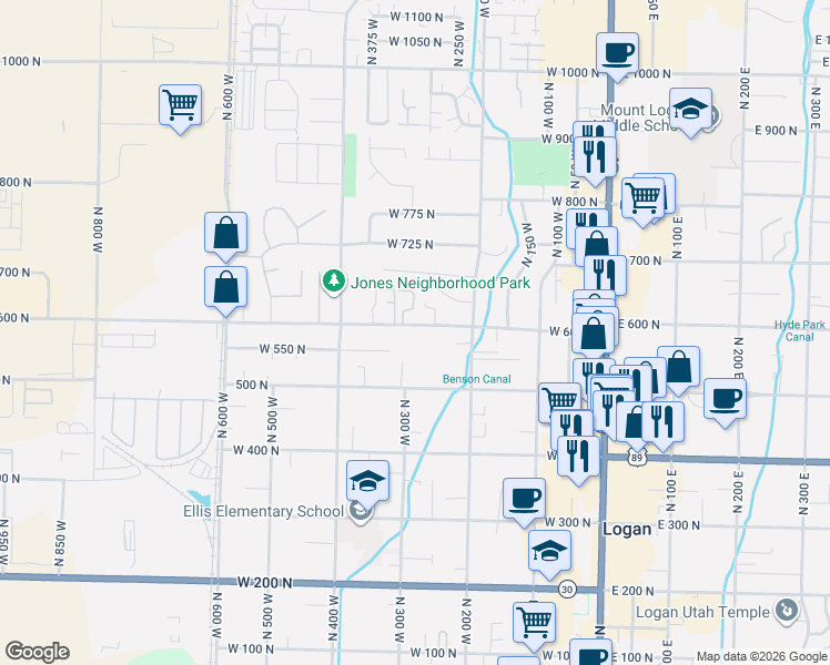 map of restaurants, bars, coffee shops, grocery stores, and more near 290 West 600 North in Logan