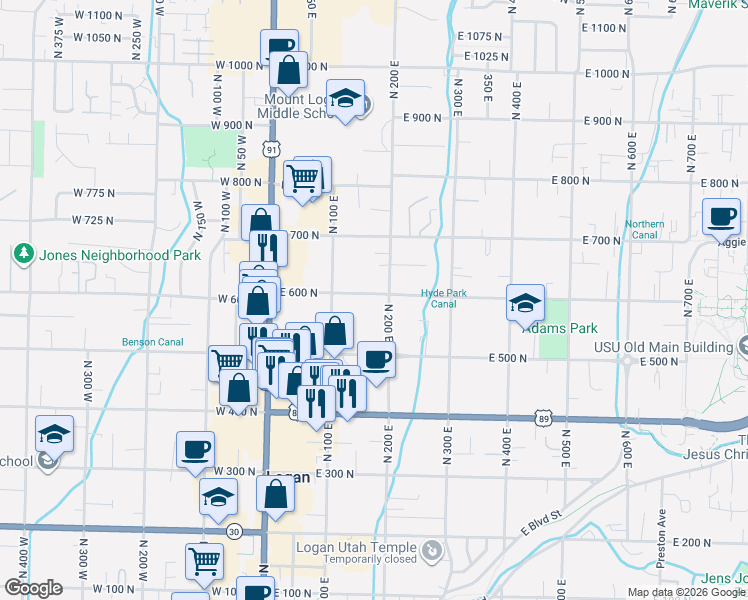 map of restaurants, bars, coffee shops, grocery stores, and more near 176 East 600 North in Logan