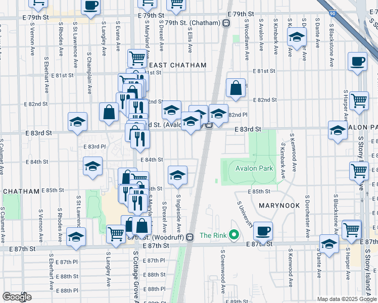 map of restaurants, bars, coffee shops, grocery stores, and more near 8342 South Ellis Avenue in Chicago