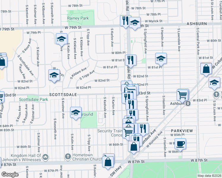map of restaurants, bars, coffee shops, grocery stores, and more near 8300 South Karlov Avenue in Chicago