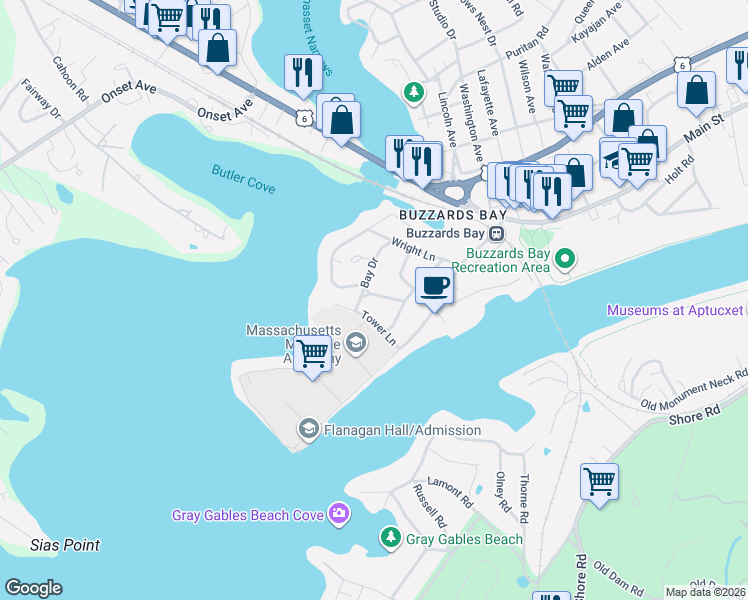 map of restaurants, bars, coffee shops, grocery stores, and more near 8 Tower Lane in Bourne