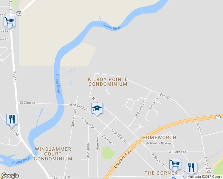 map of restaurants, bars, coffee shops, grocery stores, and more near 617 Beacon Drive in Painesville