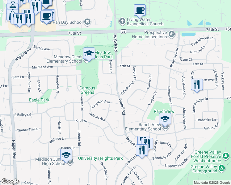 map of restaurants, bars, coffee shops, grocery stores, and more near 1401 Creighton Avenue in Naperville