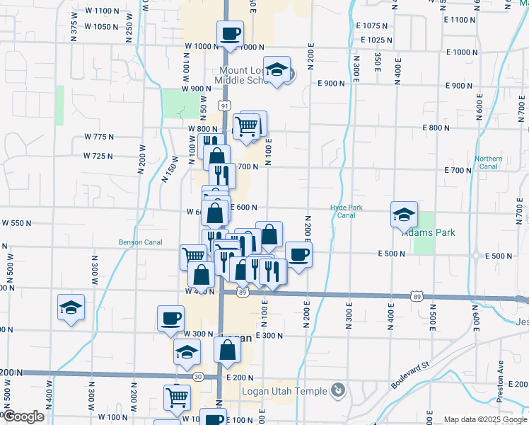 map of restaurants, bars, coffee shops, grocery stores, and more near 595 North 100 East in Logan