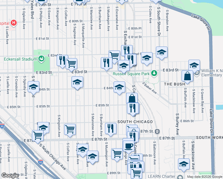 map of restaurants, bars, coffee shops, grocery stores, and more near 8423 South Muskegon Avenue in Chicago