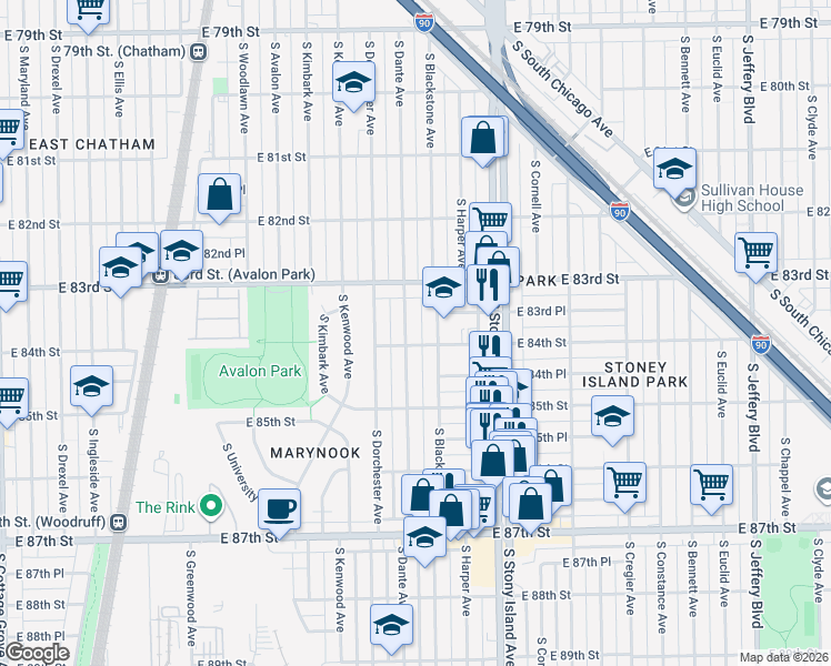 map of restaurants, bars, coffee shops, grocery stores, and more near 8406 South Dante Avenue in Chicago