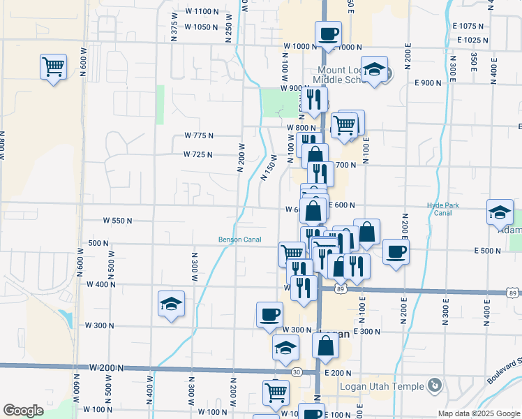 map of restaurants, bars, coffee shops, grocery stores, and more near 554 1/2 North 200 West in Logan