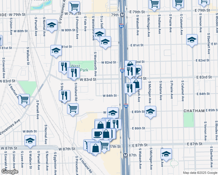 map of restaurants, bars, coffee shops, grocery stores, and more near 8354 South Perry Avenue in Chicago