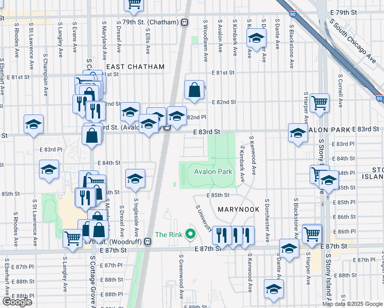 map of restaurants, bars, coffee shops, grocery stores, and more near 1133 East 83rd Street in Chicago