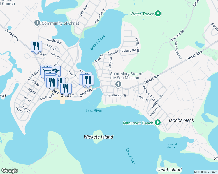 map of restaurants, bars, coffee shops, grocery stores, and more near 11 Myrtle Street in Wareham