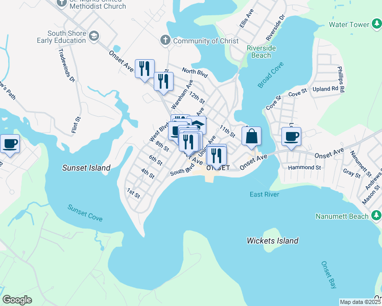 map of restaurants, bars, coffee shops, grocery stores, and more near 6 Prospect Avenue in Wareham