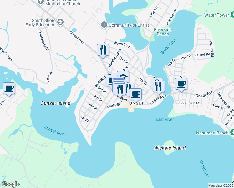 map of restaurants, bars, coffee shops, grocery stores, and more near 6 Prospect Avenue in Wareham