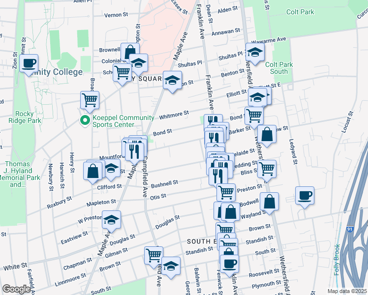 map of restaurants, bars, coffee shops, grocery stores, and more near 148 Adelaide Street in Hartford