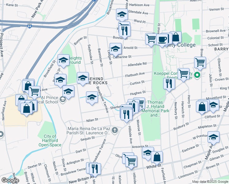 map of restaurants, bars, coffee shops, grocery stores, and more near 114 Sherbrooke Avenue in Hartford