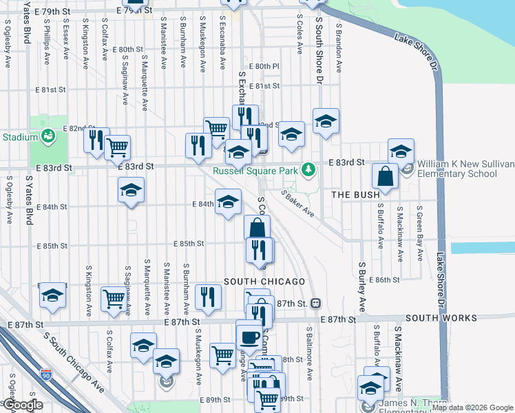map of restaurants, bars, coffee shops, grocery stores, and more near 8438 South Baltimore Avenue in Chicago