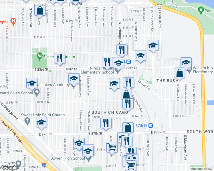 map of restaurants, bars, coffee shops, grocery stores, and more near 8423 South Muskegon Avenue in Chicago