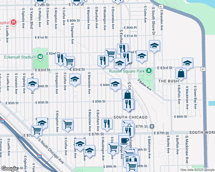 map of restaurants, bars, coffee shops, grocery stores, and more near 8423 South Muskegon Avenue in Chicago