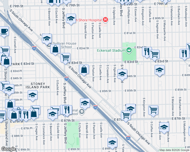 map of restaurants, bars, coffee shops, grocery stores, and more near 8416 South Luella Avenue in Chicago