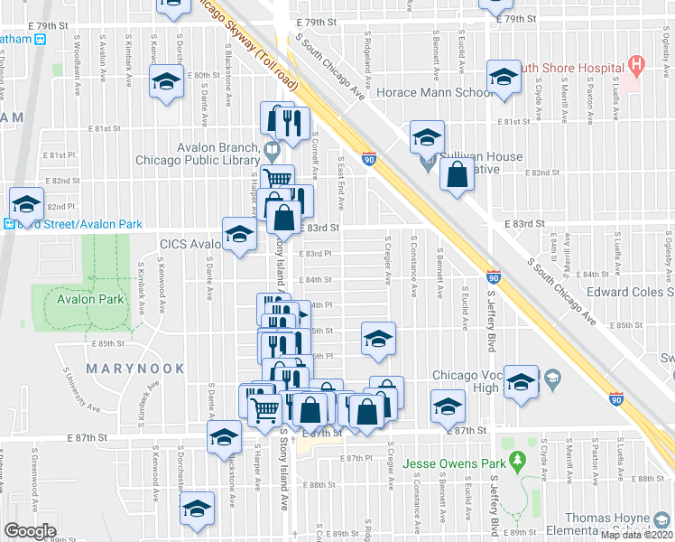 map of restaurants, bars, coffee shops, grocery stores, and more near 1645 East 84th Street in Chicago