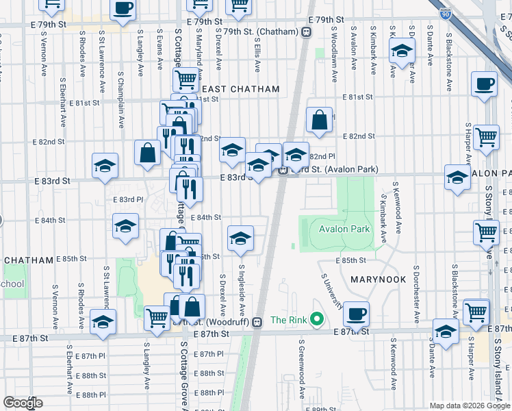 map of restaurants, bars, coffee shops, grocery stores, and more near 1005 East 84th Street in Chicago