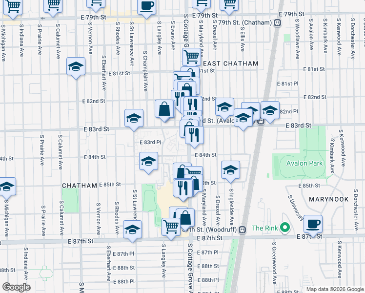 map of restaurants, bars, coffee shops, grocery stores, and more near 741 East 84th Street in Chicago