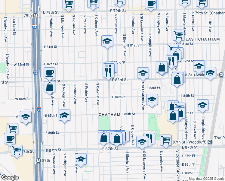 map of restaurants, bars, coffee shops, grocery stores, and more near 8358 South Vernon Avenue in Chicago