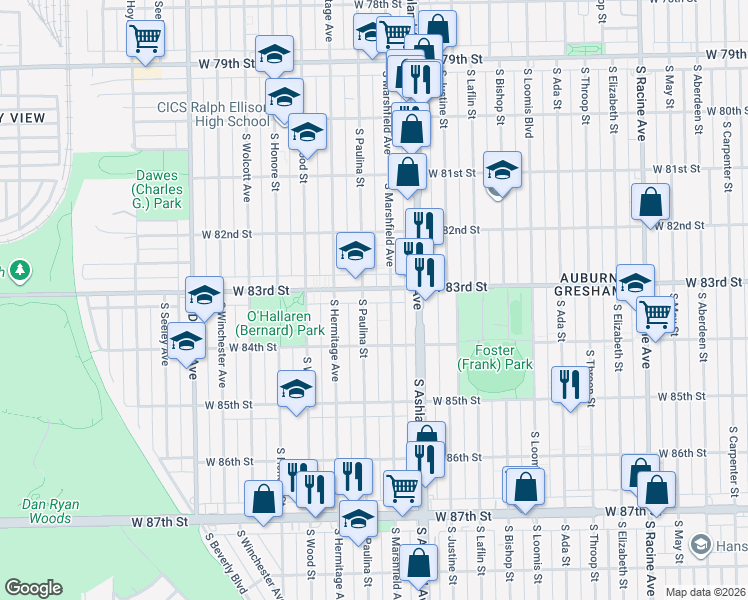 map of restaurants, bars, coffee shops, grocery stores, and more near 8334 South Marshfield Avenue in Chicago