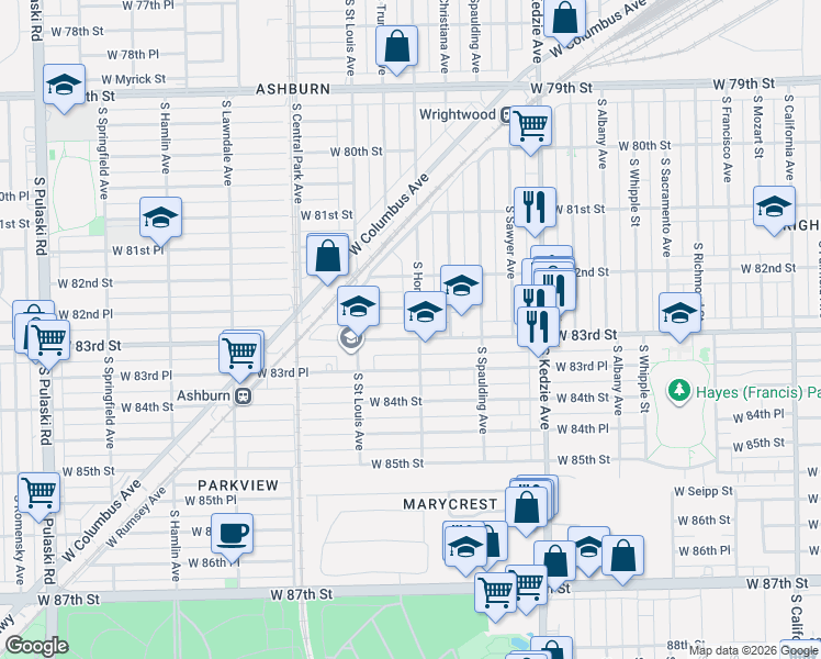 map of restaurants, bars, coffee shops, grocery stores, and more near 3423 West 83rd Street in Chicago