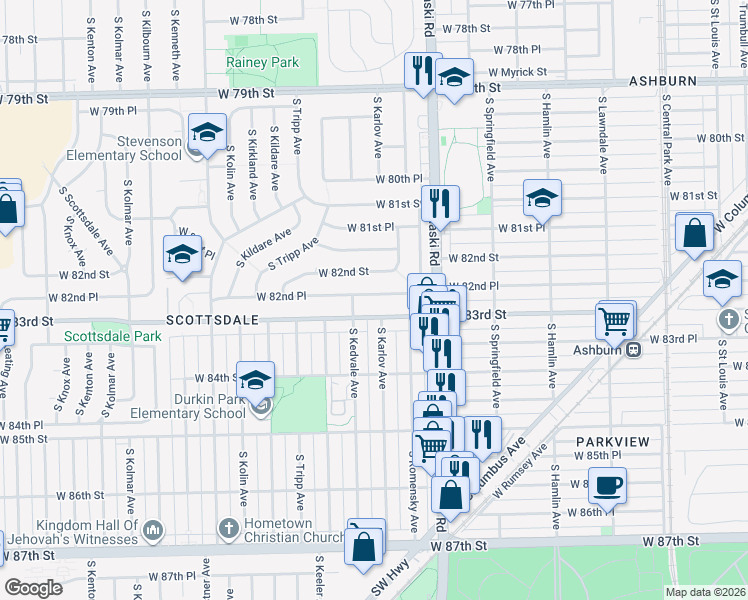 map of restaurants, bars, coffee shops, grocery stores, and more near 8300 South Karlov Avenue in Chicago