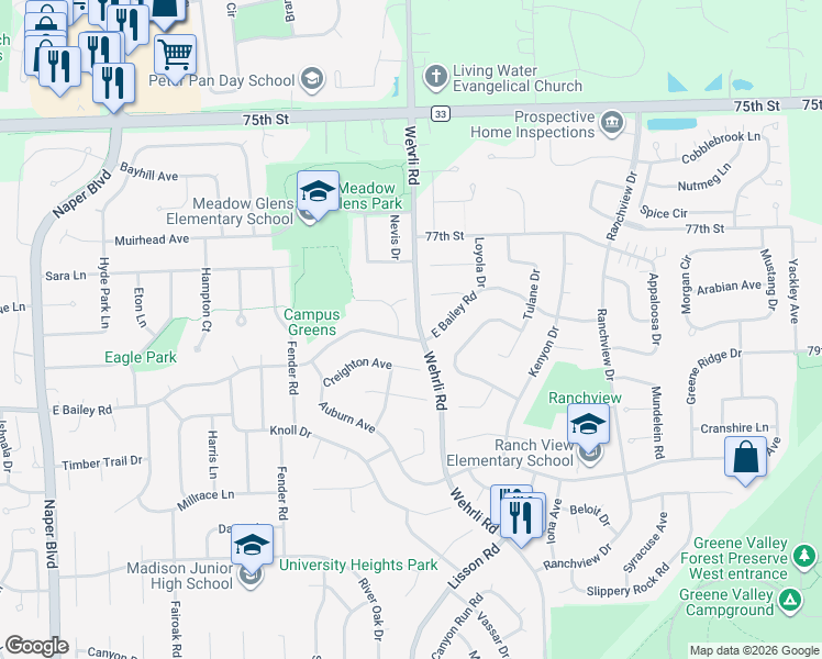 map of restaurants, bars, coffee shops, grocery stores, and more near 1401 Creighton Avenue in Naperville