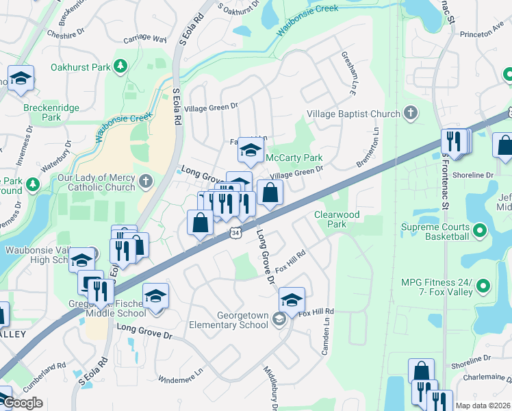 map of restaurants, bars, coffee shops, grocery stores, and more near in Aurora