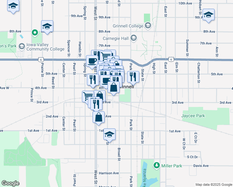 map of restaurants, bars, coffee shops, grocery stores, and more near 818-856 Broad Street in Grinnell