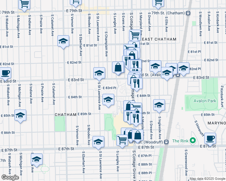 map of restaurants, bars, coffee shops, grocery stores, and more near 737 East 83rd Place in Chicago