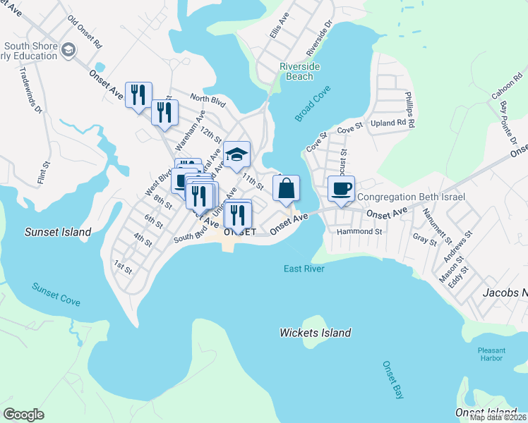 map of restaurants, bars, coffee shops, grocery stores, and more near 181 Onset Avenue in Wareham