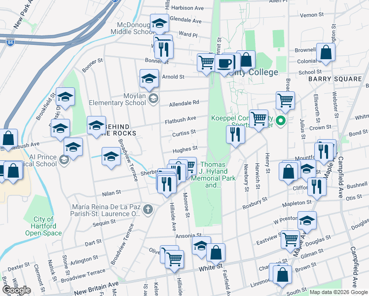 map of restaurants, bars, coffee shops, grocery stores, and more near 34 Sherbrooke Avenue in Hartford