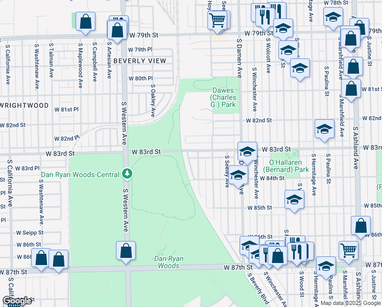map of restaurants, bars, coffee shops, grocery stores, and more near 2147 West 83rd Street in Chicago